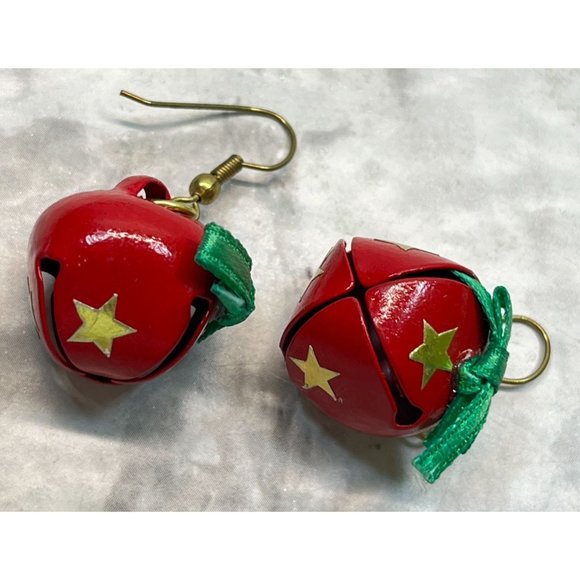 Vintage Jingle Sleigh Bells Earrings Red with Gold Stars Christmas Bells - Picture 2 of 6